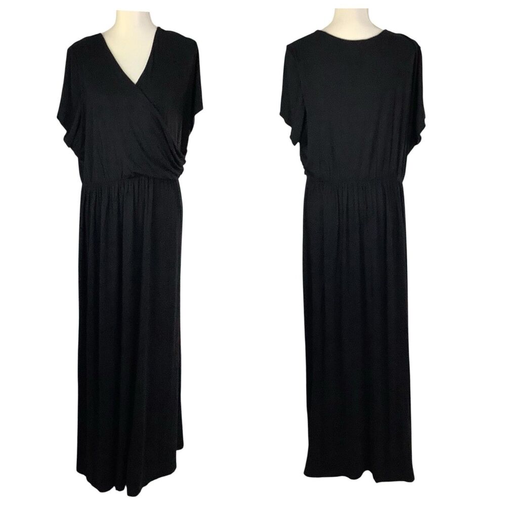 Meri Skye Faux Wrap Midi Maxi Dress Women 3X Black V-Neck Short Sleeve Minimalis